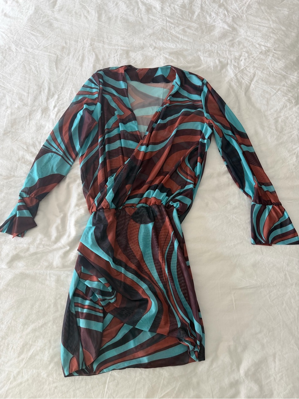 Teal and Brown Long Sleeve Printed Wrap Dress